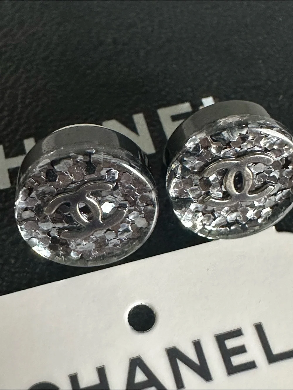 CHANEL 12A Silver Glitter Resin CC Stud Earrings Box
